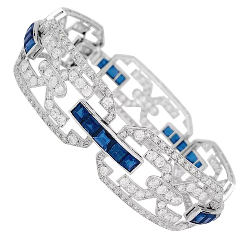 Platinum Art Déco Bracelet, Diamonds, Sapphires For Sale