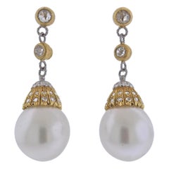Buccellati South Sea Pearl Diamond Gold Drop Earrings