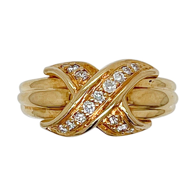 Vintage 1990s Tiffany & Co. 18 Karat Gold & Diamond 'X' Ring For Sale