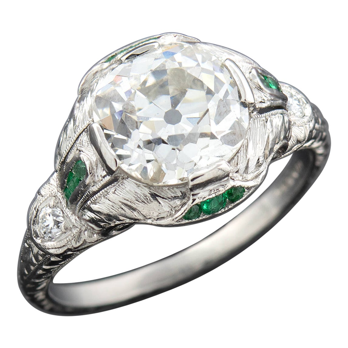 Art Deco Platinum Diamond + Emerald Engagement Ring 2.36ctw Center For Sale