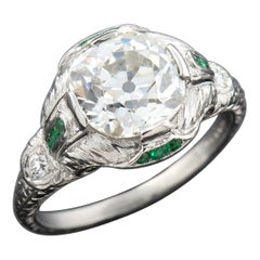 Antique Art Deco Platinum Diamond + Emerald Engagement Ring 2.36ctw Center