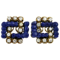 Boucles d'oreilles en or avec lapis et diamant
