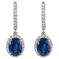 4.23ct Oval Sapphire with Diamond Halo Drop Earrings 18k White Gold