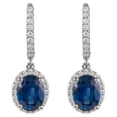 4.23ct Oval Sapphire with Diamond Halo Drop Earrings 18k White Gold
