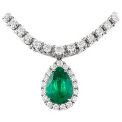 14.35ctt Emerald & Diamond Drop Tennis Necklace 18k White Gold