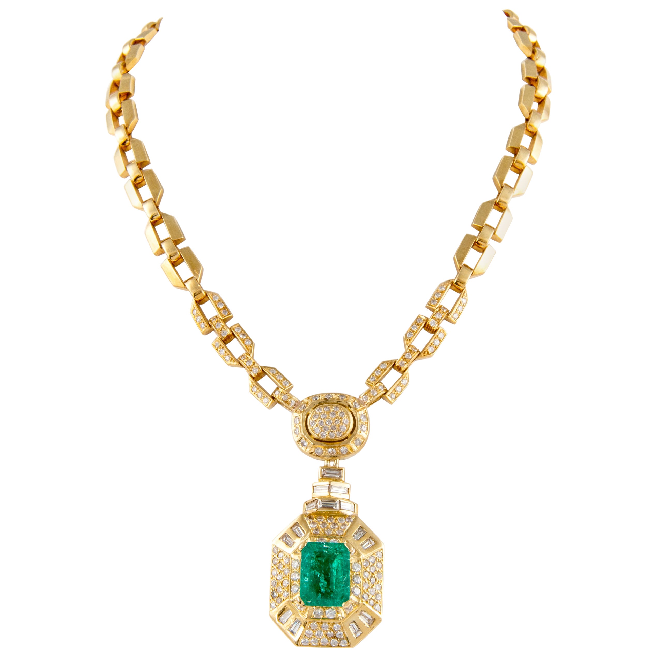 Art Deco Style 14.41ctt Colombian Emerald with Diamond Necklace 18k Yellow Gold
