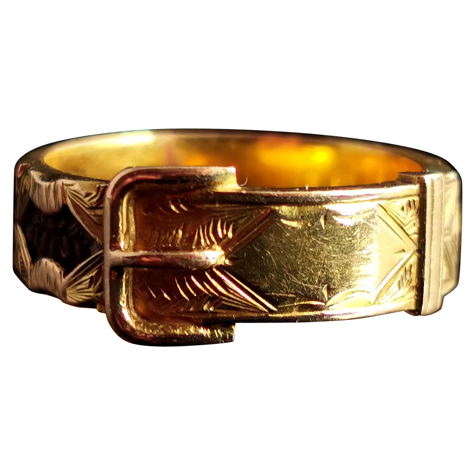 Antique Victorian Buckle Mourning Ring, 15k Yellow Gold, Hairwork