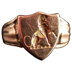Antique 9k Gold Lion Signet Ring, Shield Shaped