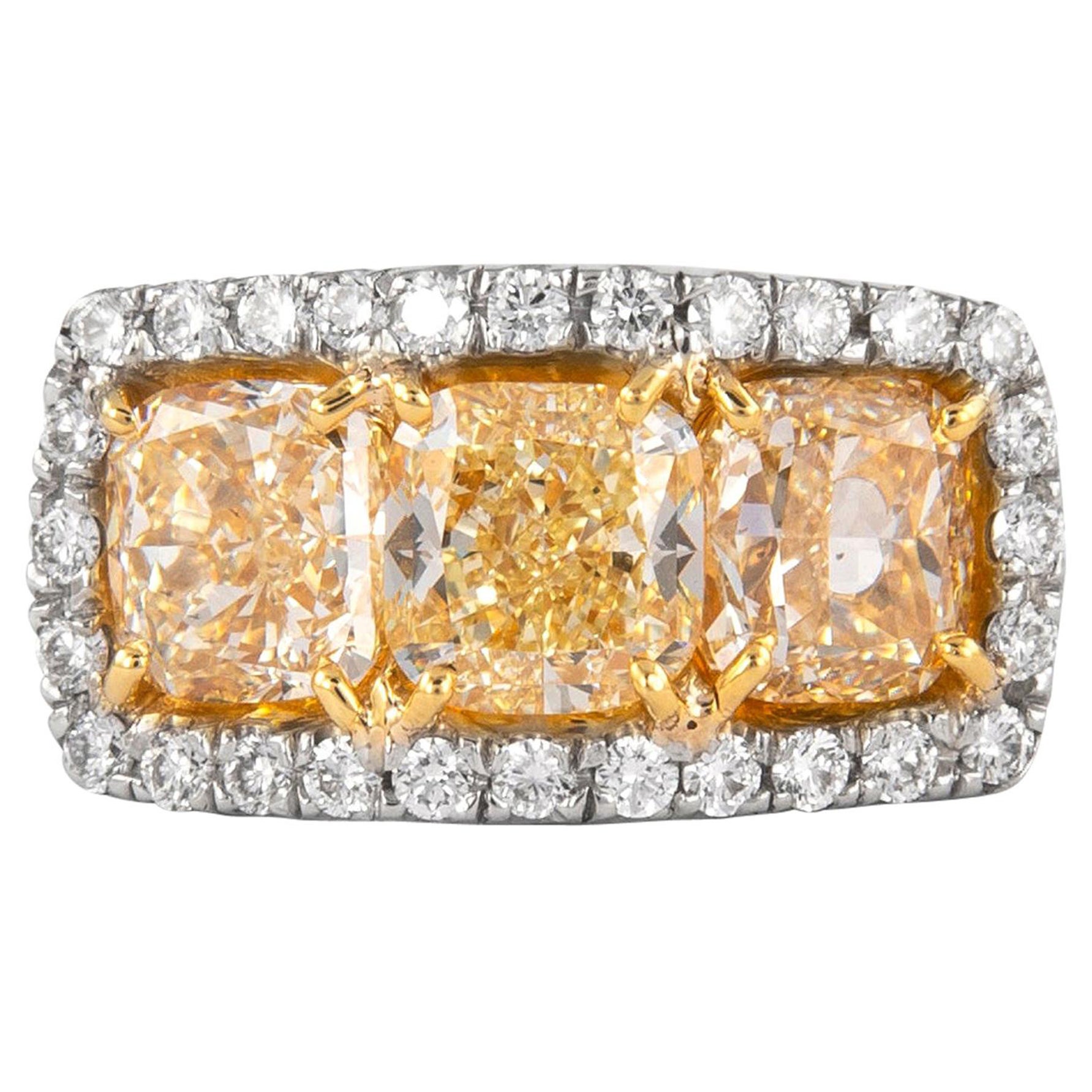 5.25 Carat 3-Stone Yellow Diamond Ring 18 Karat White and Yellow Gold For Sale