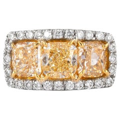 5.25 Carat 3-Stone Yellow Diamond Ring 18 Karat White and Yellow Gold