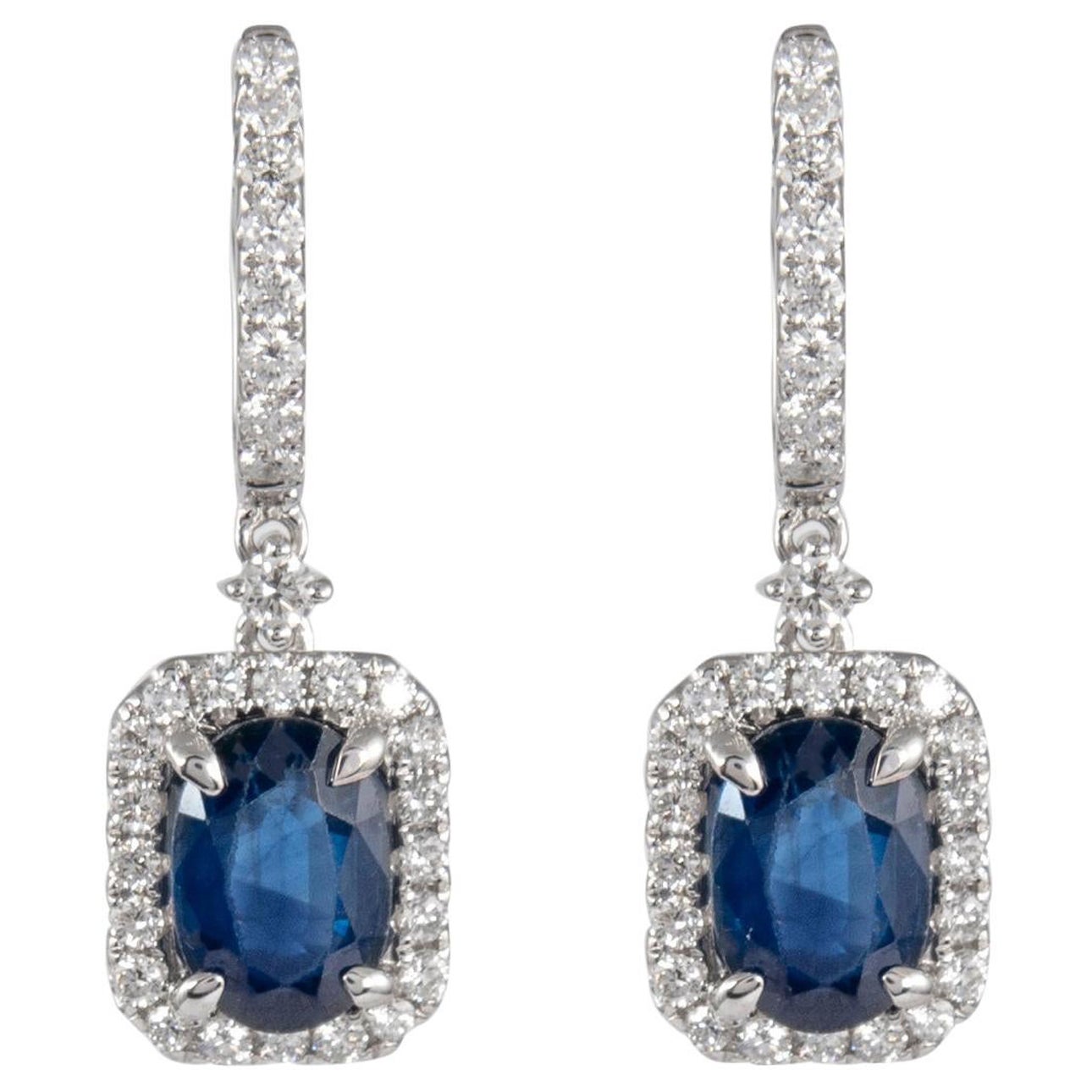 Blue Sapphire Pear Drop Faceted Cabochon Diamond Halo Drop 18k Gold Earrings