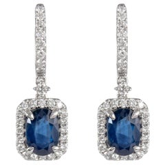 3.41ct Oval Sapphire with Diamond Halo Drop Earrings 18k White Gold