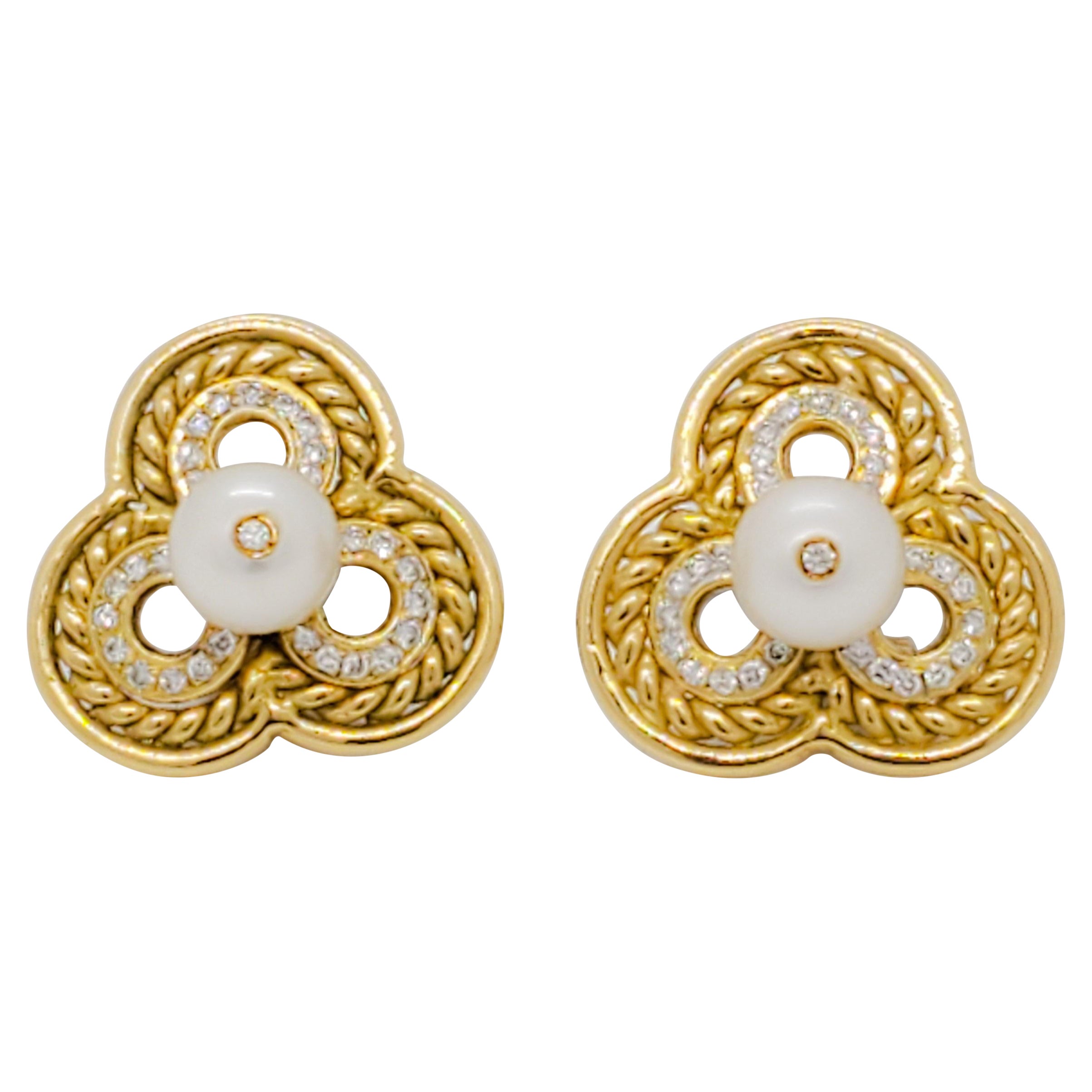 White Pearl and Diamond Earring Clips in 18k Yellow Gold