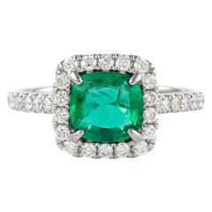 1.73ctt Cushion Emerald with Diamond Halo Ring 18k White Gold