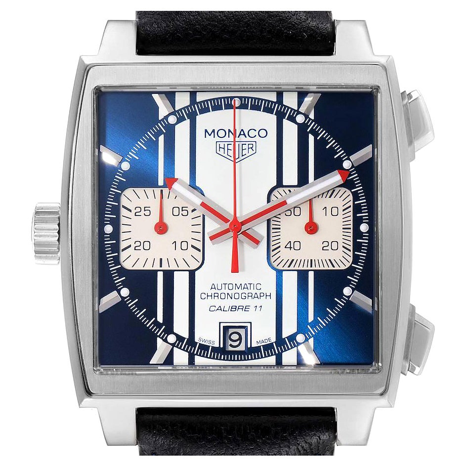 Tag Heuer Monaco Automatic Chronograph Blue Dial Black Leather Strap Watch for Men - CAW211P.FC6356