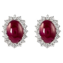 24ct Cabochon Ruby with Diamond Halo Earrings 18k White Gold