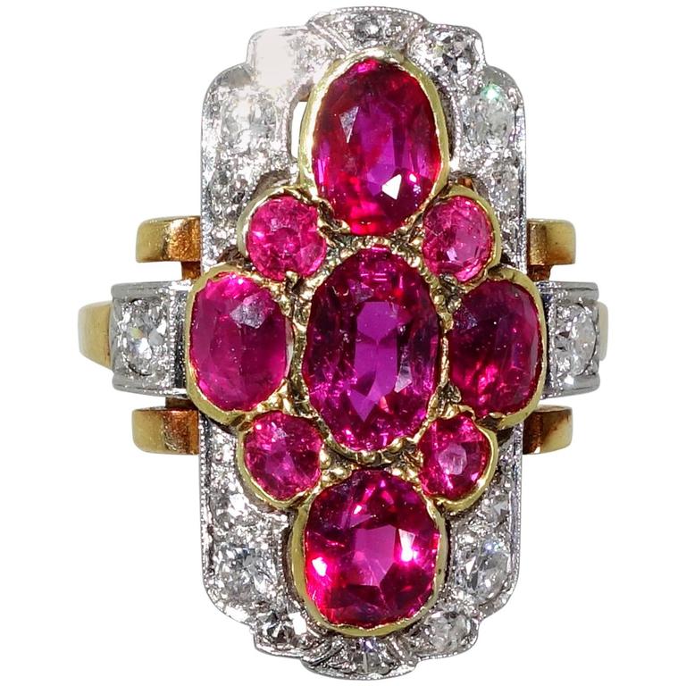 1900 Antique Burma Ruby Diamond Gold Platinum Ring at 1stDibs