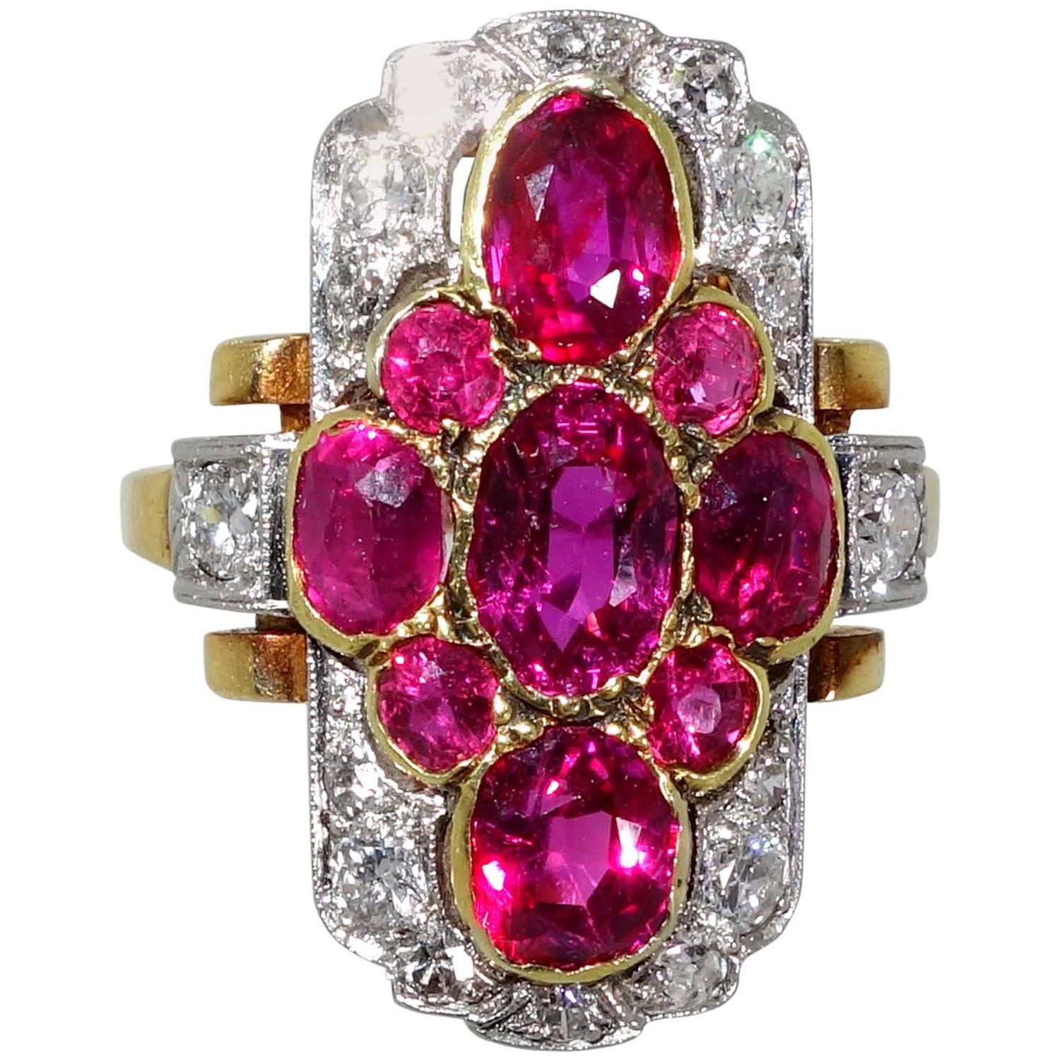 1900 Antique Burma Ruby Diamond Gold Platinum Ring For Sale at 1stdibs