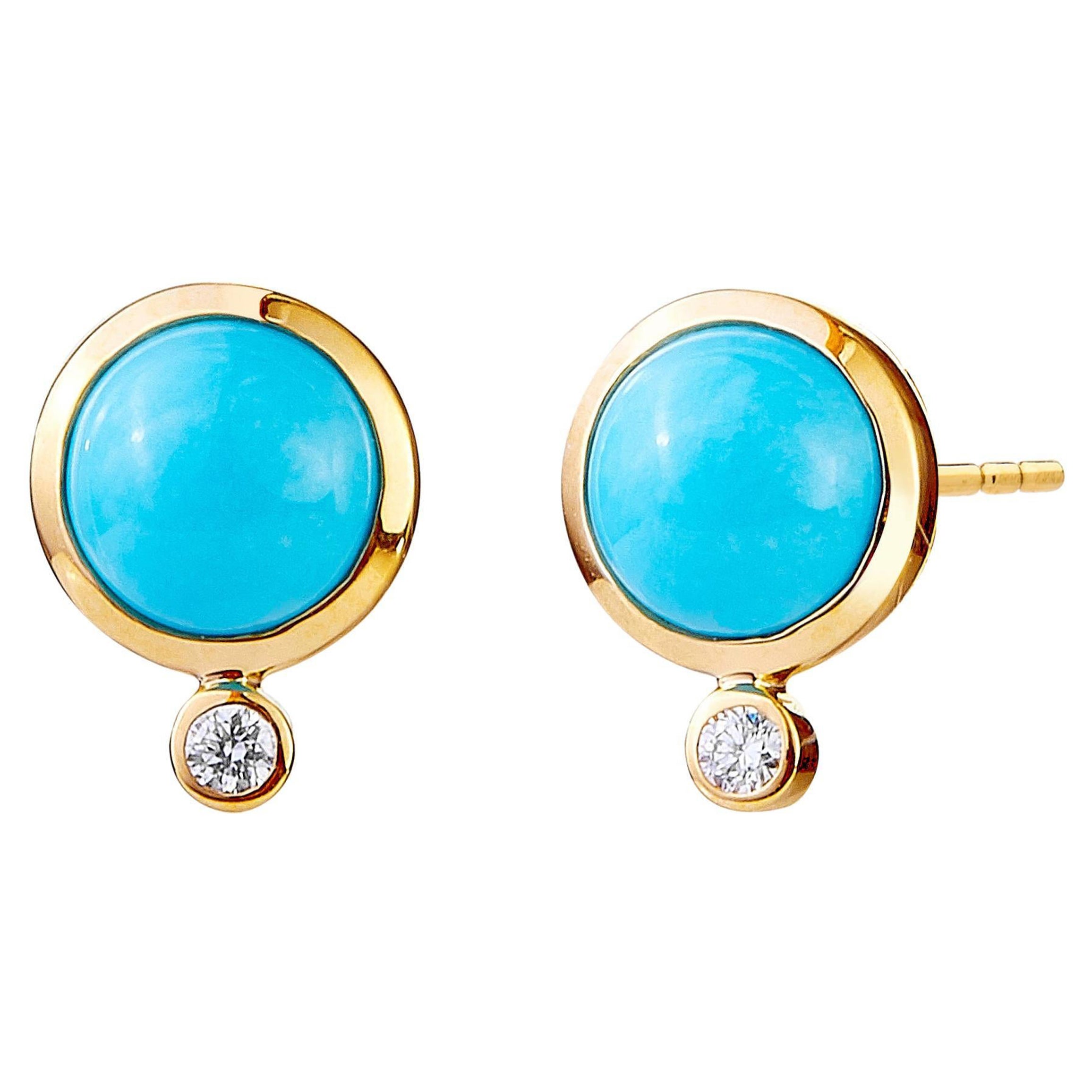 Syna Yellow Gold Sleeping Beauty Turquoise Studs with Diamonds For Sale