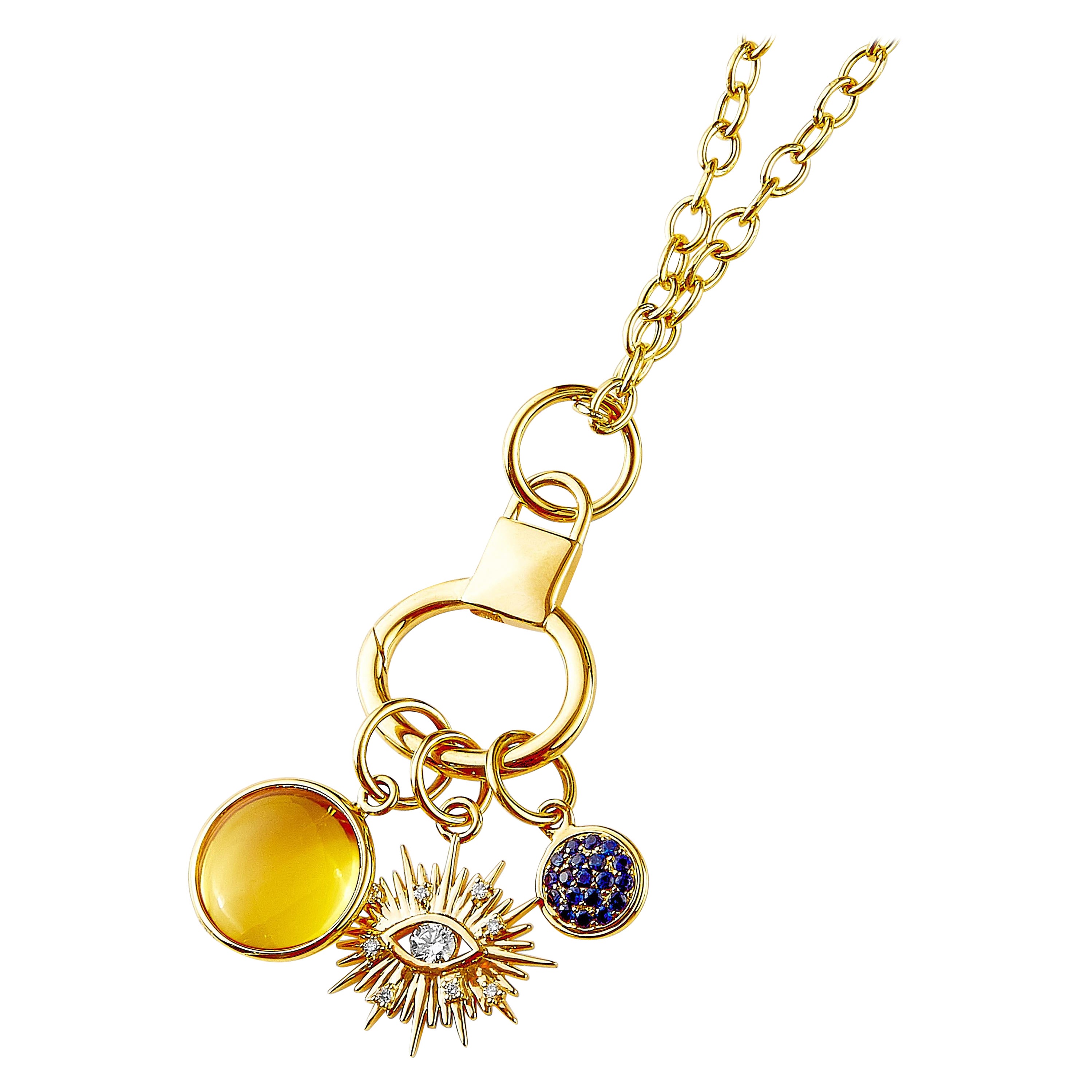 Syna Yellow Gold Three Charms Evil Eye Necklace with Gemstones and Diamonds For Sale