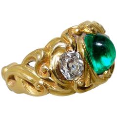 1900 Art Nouveau Emerald Diamond Gold Ring