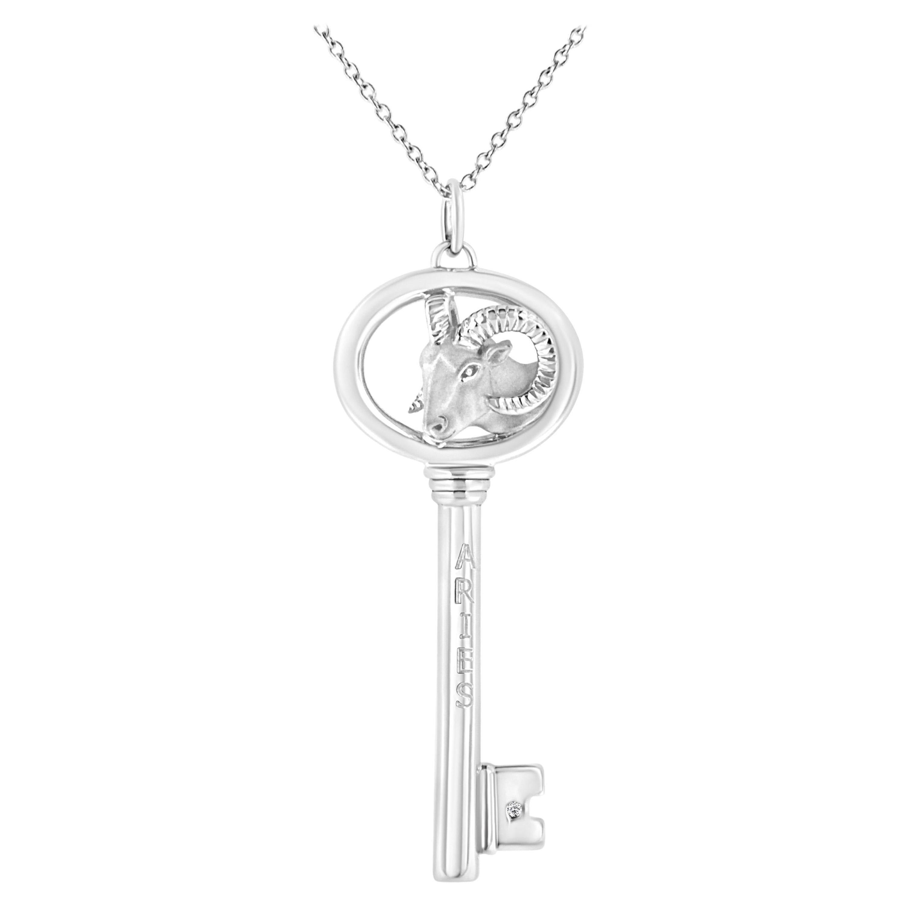 .925 Sterling Silver Diamond Accent Aries Zodiac Key Pendant Necklace For Sale