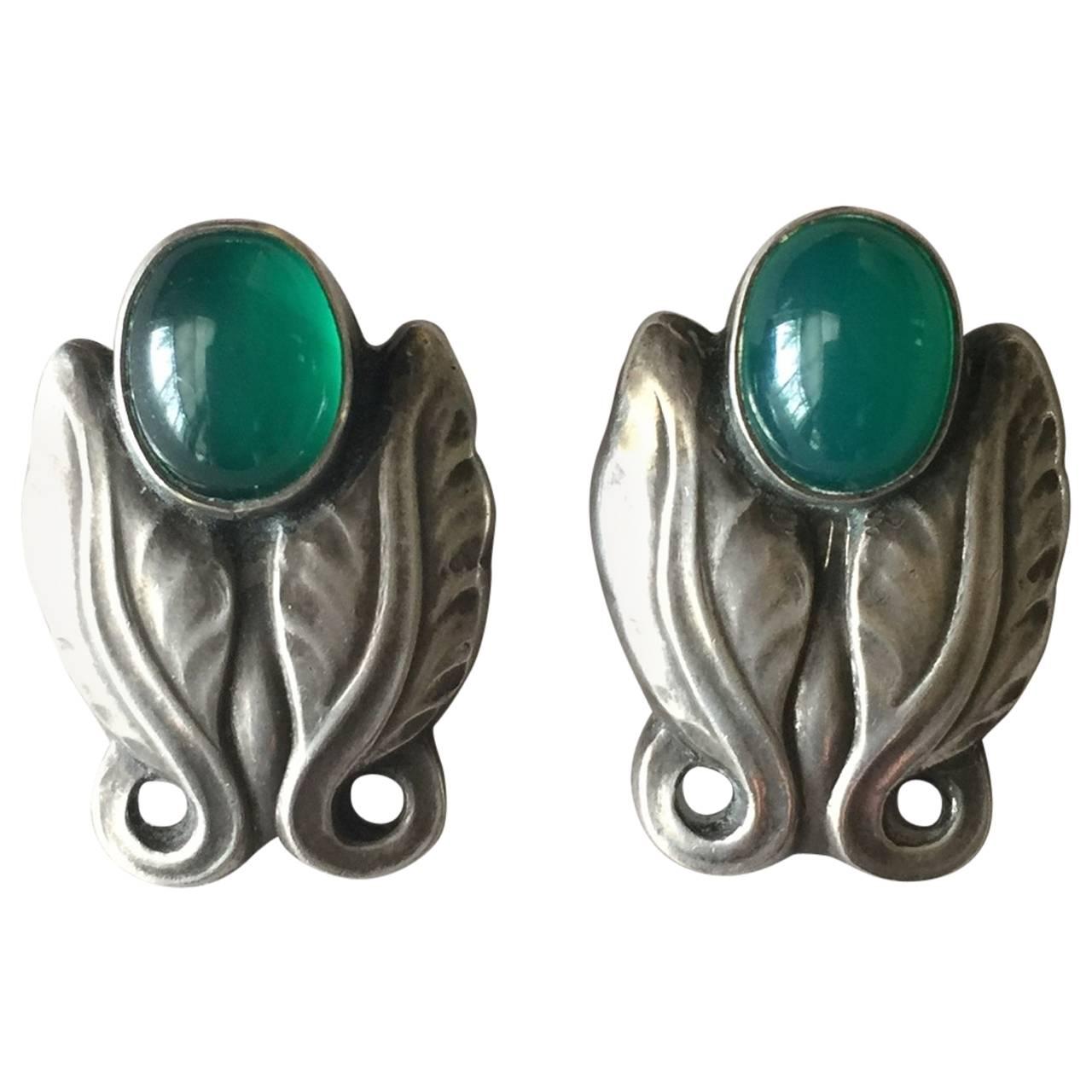 Georg Jensen Sterling Silver Foliate Earrings No. 108 with Green Chrysoprase For Sale