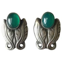 Vintage Georg Jensen Sterling Silver Foliate Earrings No. 108 with Green Chrysoprase