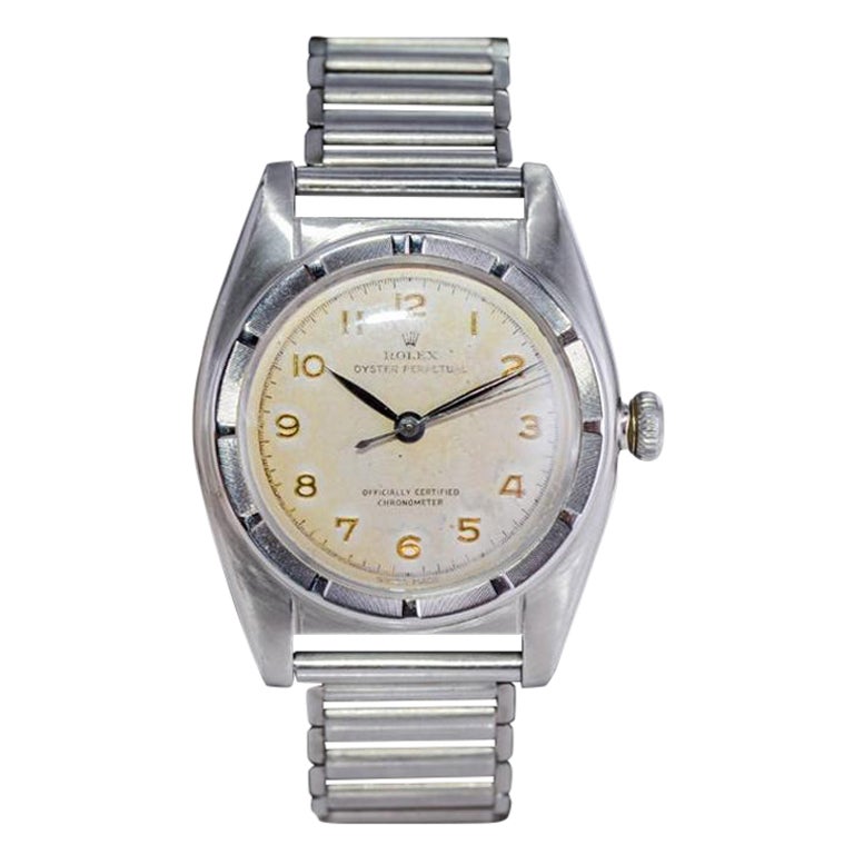 Rolex Steel Classic "Bubble Back" with Original Dial and Ladder Bracelet, 1949 For Sale