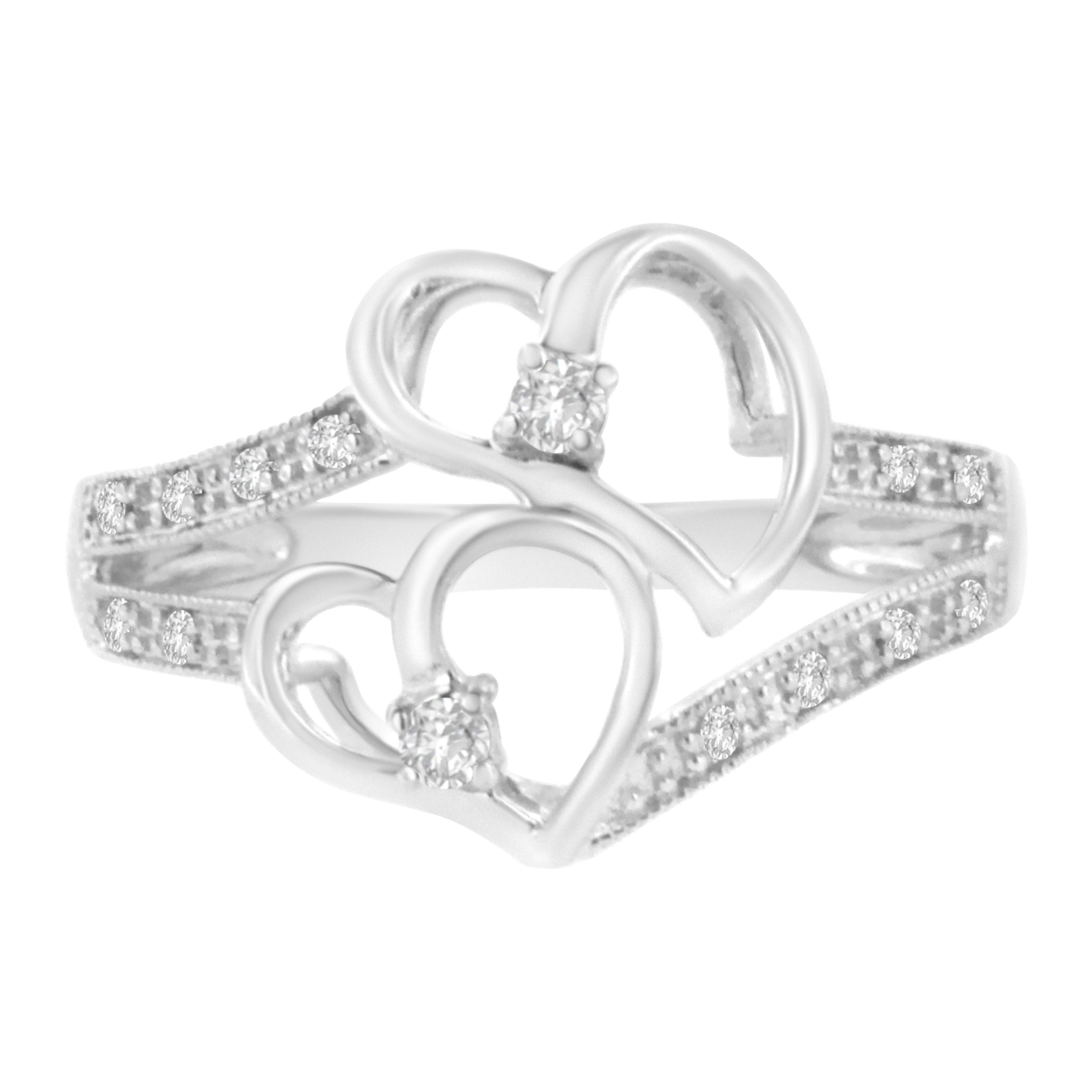 14K White Gold 1/10 Carat Diamond Twin Heart Ring For Sale