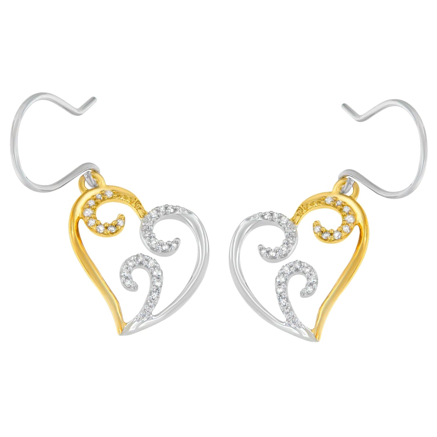 10K Two-Tone Gold 1/4 Carat Round Diamond Heart Dangle Earrings For Sale