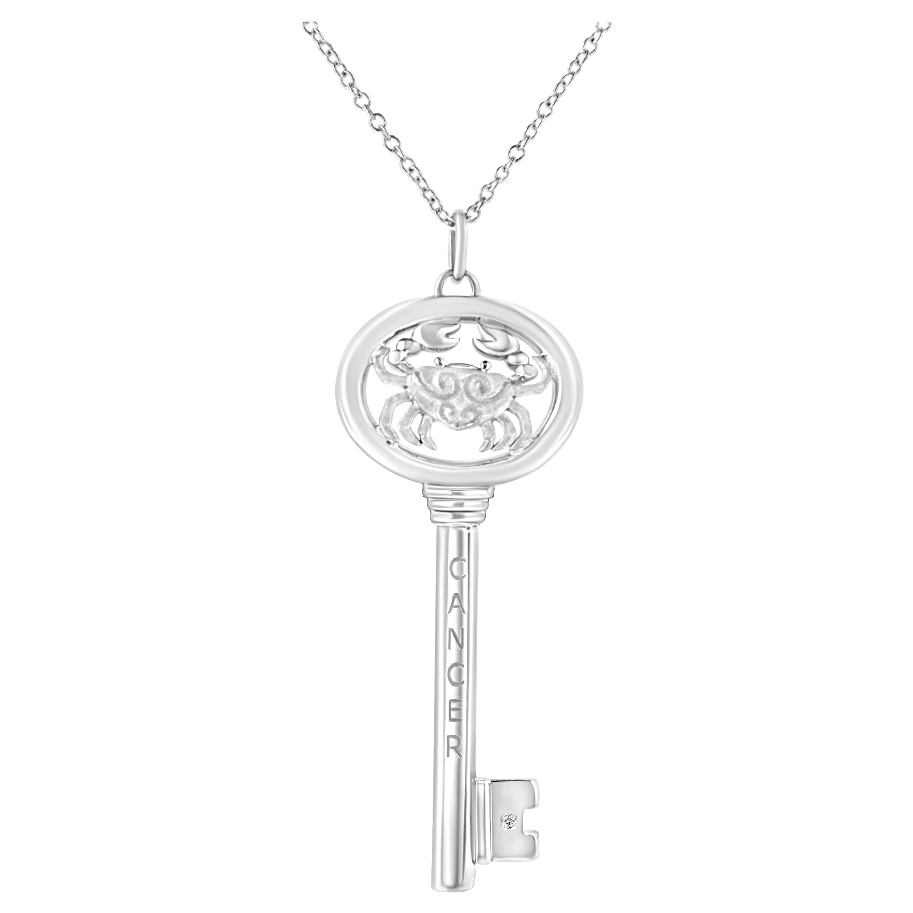 .925 Sterling Silver Diamond Accent Cancer Zodiac Key Pendant Necklace For Sale