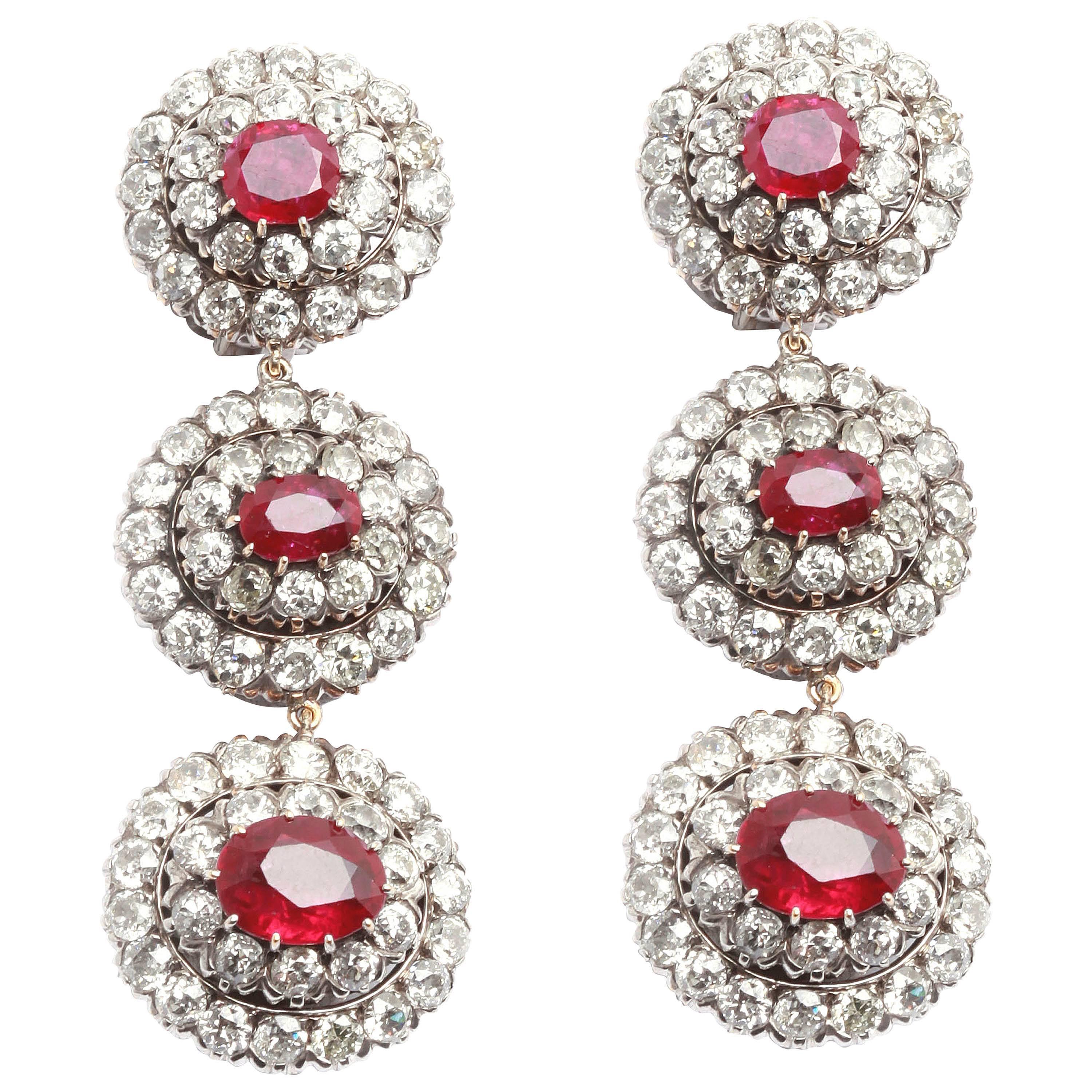1930s Important Burma Ruby Diamond Platinum Ear Pendants  For Sale