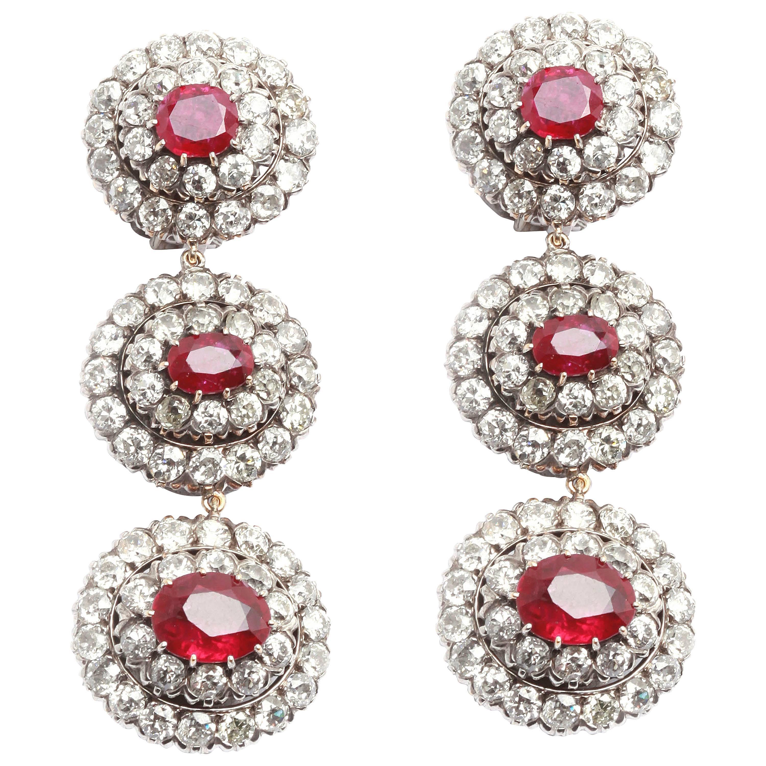 1930s Important Burma Ruby Diamond Platinum Ear Pendants