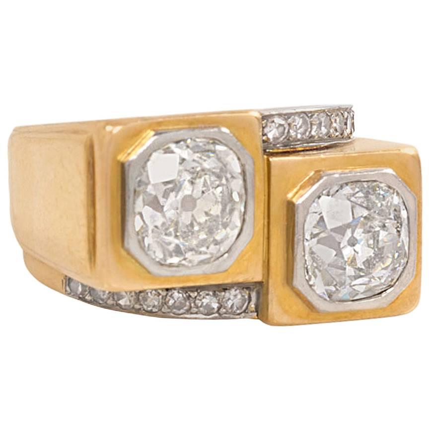 French Art Deco Diamond Gold Architectural Design Ring
