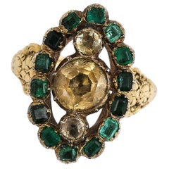 Georgian 18ct Gold Yellow Topaz and Emerald Navette Cluster Ring, Circa 1815