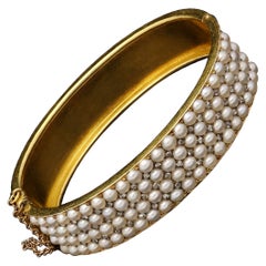 Antique Victorian Gold Pearl and Diamond Hinged Bangle, Circa 1880s