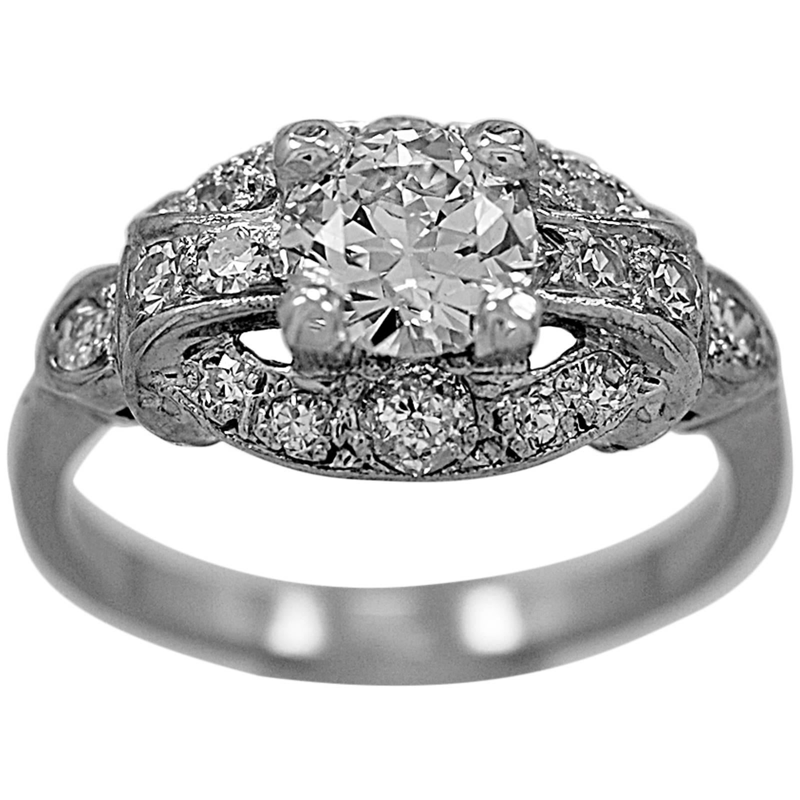 Art Deco .77 Carat Diamond Gold Engagement Ring  For Sale