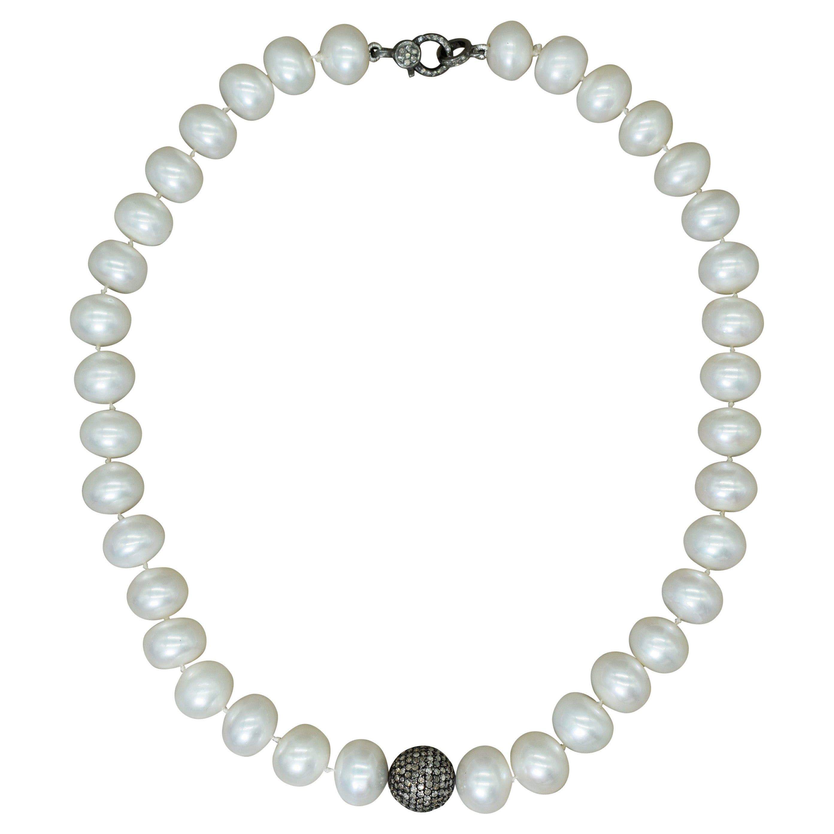 Freshwater Button Pearl and Pavé Diamond Sterling Silver Beaded Necklace