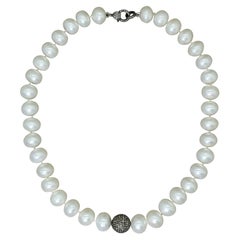 Freshwater Button Pearl and Pavé Diamond Sterling Silver Beaded Necklace