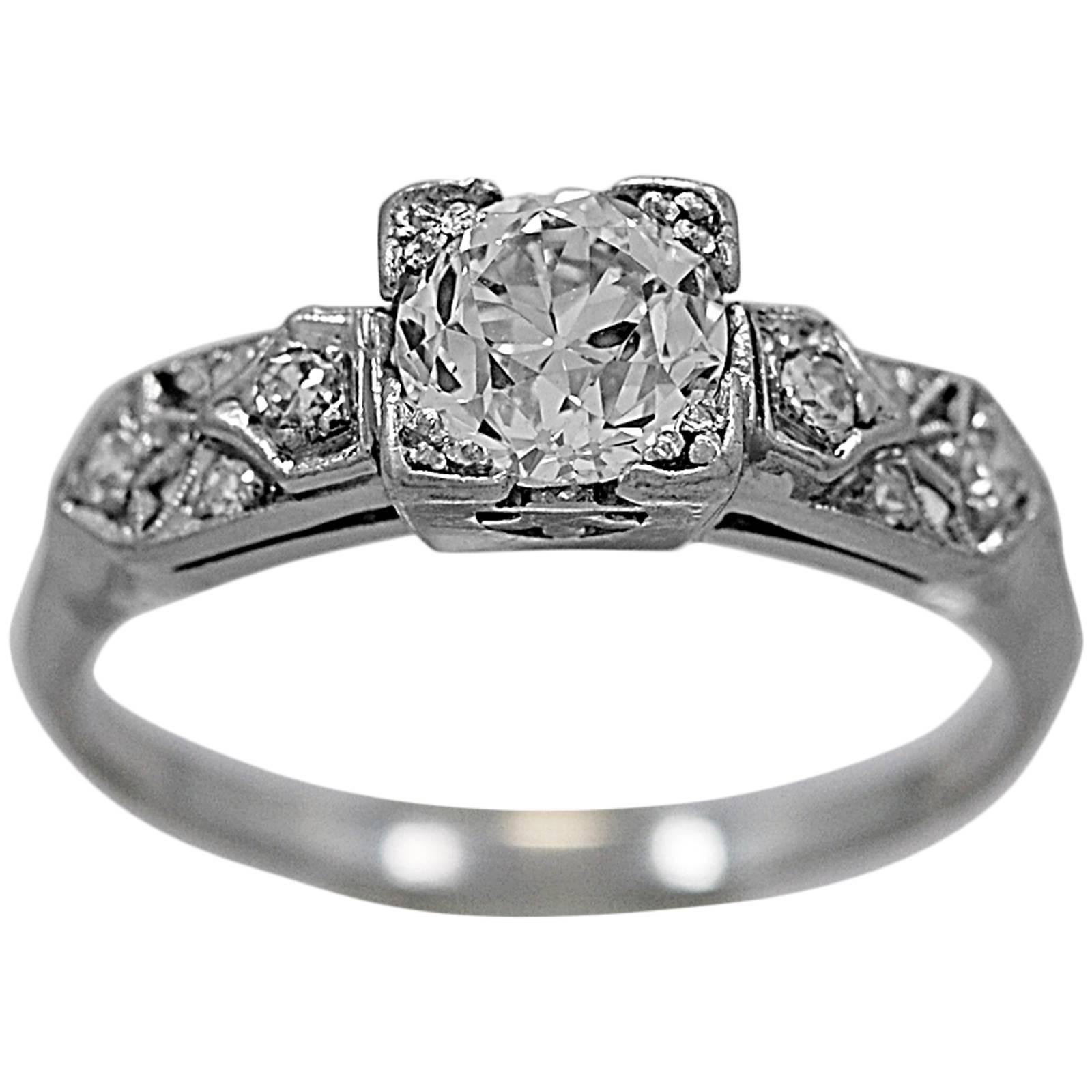 Art Deco .94 Carat Diamond Platinum Engagement Ring  For Sale