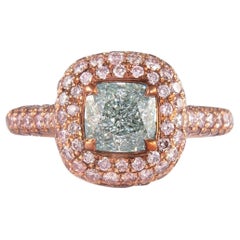 Alexander GIA - Diamant vert bleuté clair fantaisie de 1,38 carat avec diamants roses fantaisie