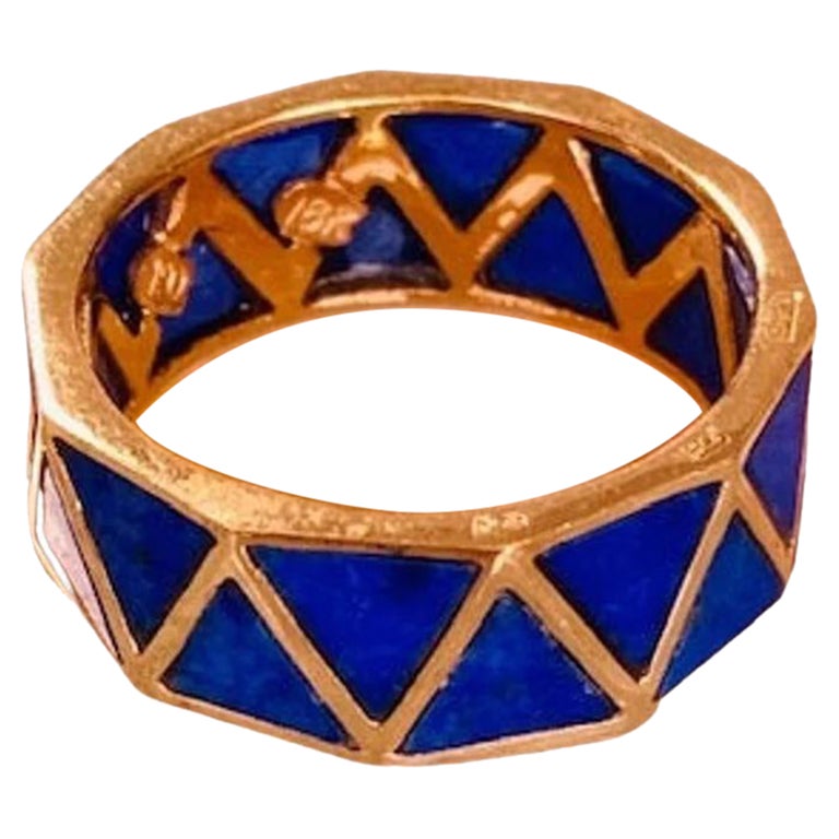 Vintage 18k Gold Lapis Lazuli Zig-Zag Ring Limited Edition, Size L UK/AU For Sale