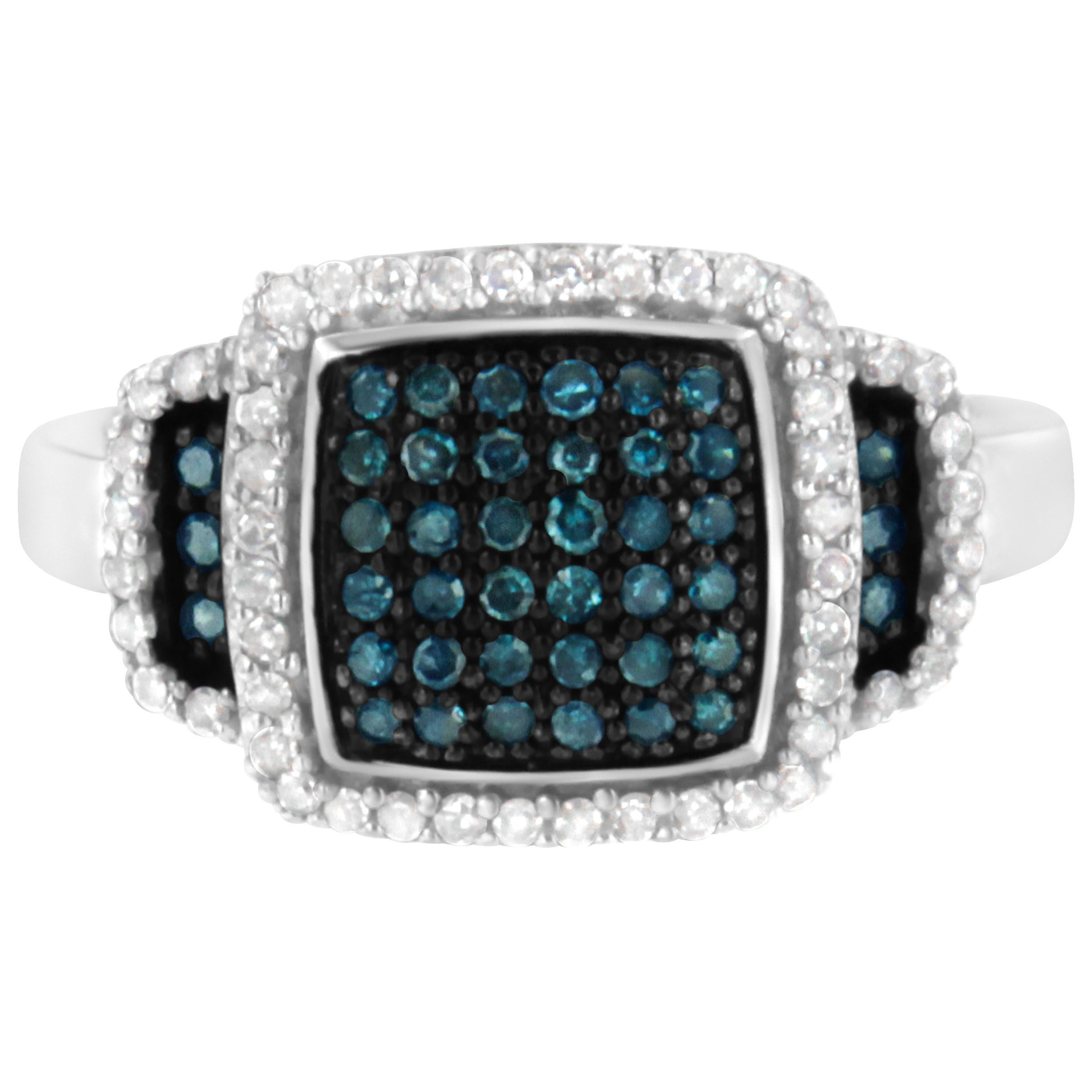 Sterling Silver 1/2 Ct White and Treated Blue Diamond Multi Level Cocktail Ring For Sale