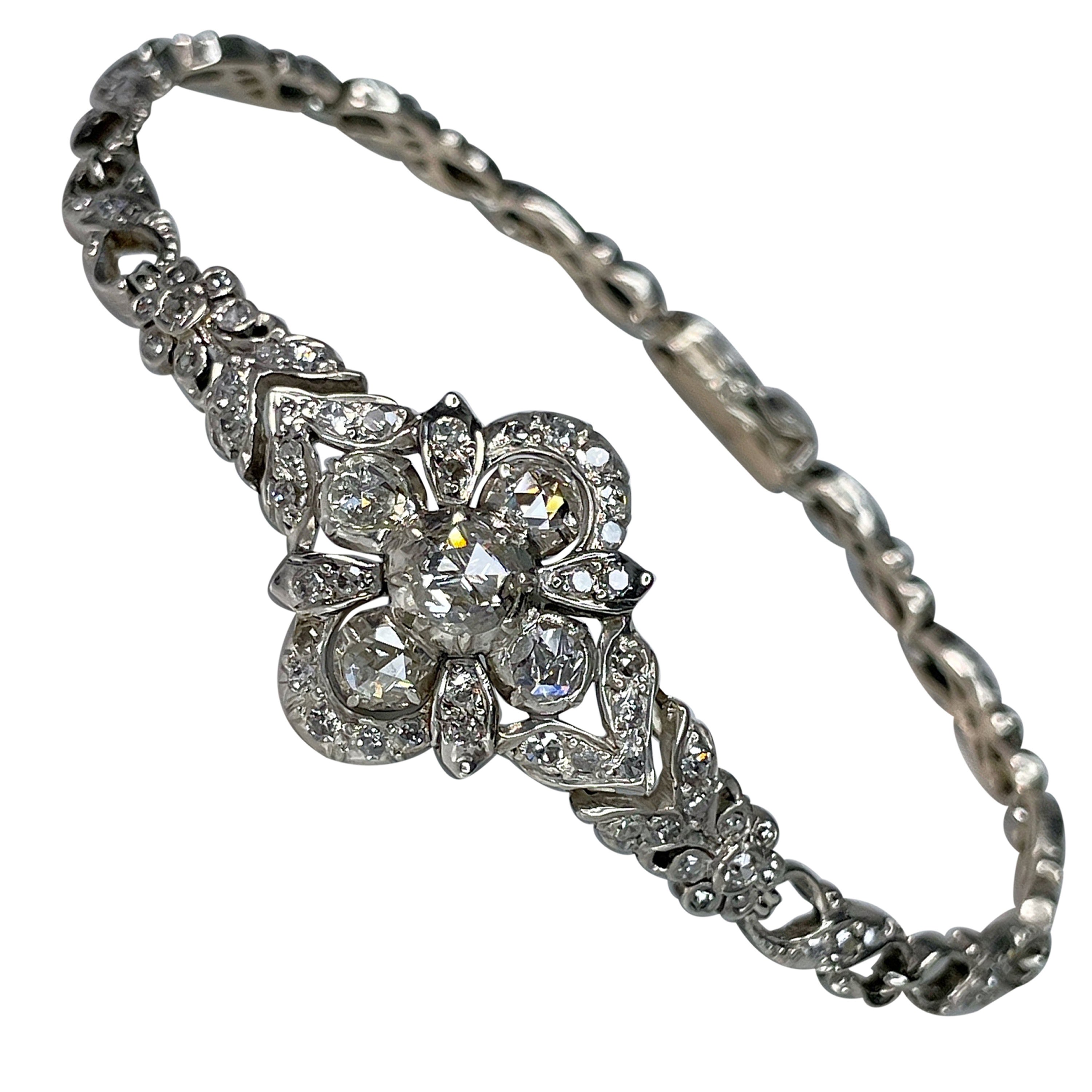 Antique Victorian 14 Karat Gold Rose Cut Diamond Floral Design Bracelet