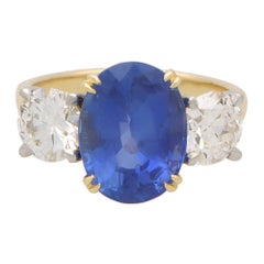 Certified 7.18ct Sapphire and Diamond Three Stone Ring Set in 18k Yellow Gold