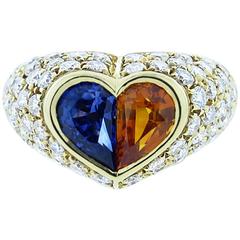 Yellow and Blue Heart Shape Sapphire Diamond Ring