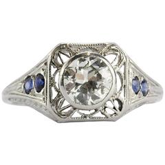 1920s 1.04 Carat Old European Diamond Sapphire Platinum Engagement Ring