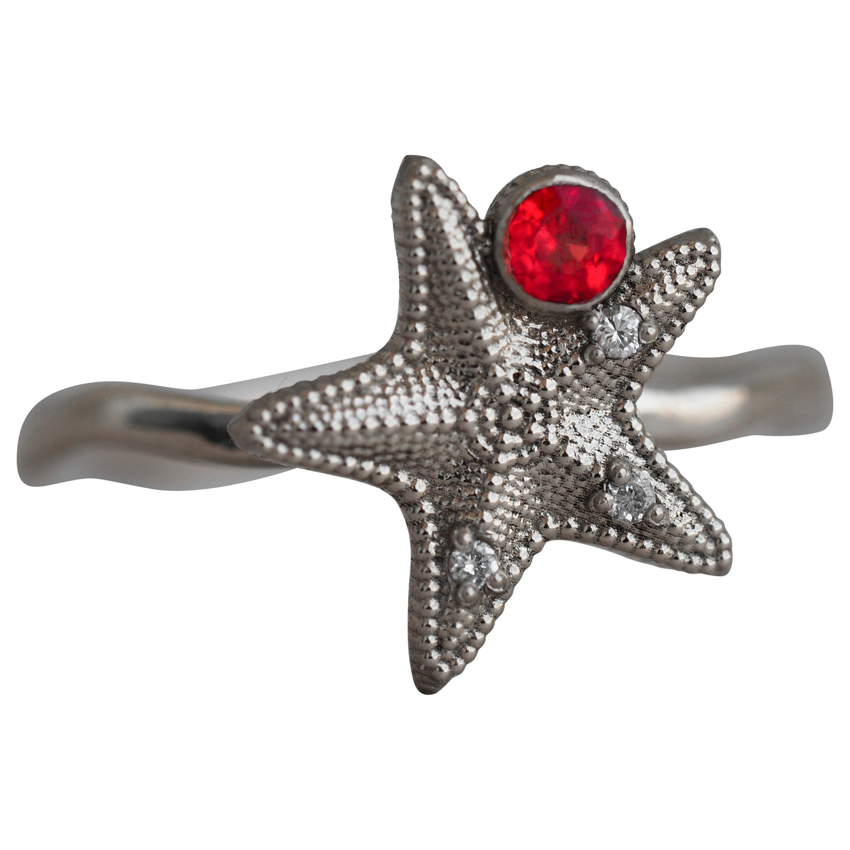 For Sale:  14k Gold Starfish Ring with Orange Sapphire and Diamonds