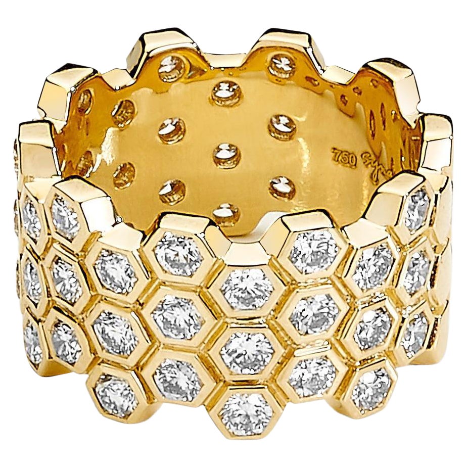 Syna Yellow Gold Honeycomb Band with Diamonds For Sale
